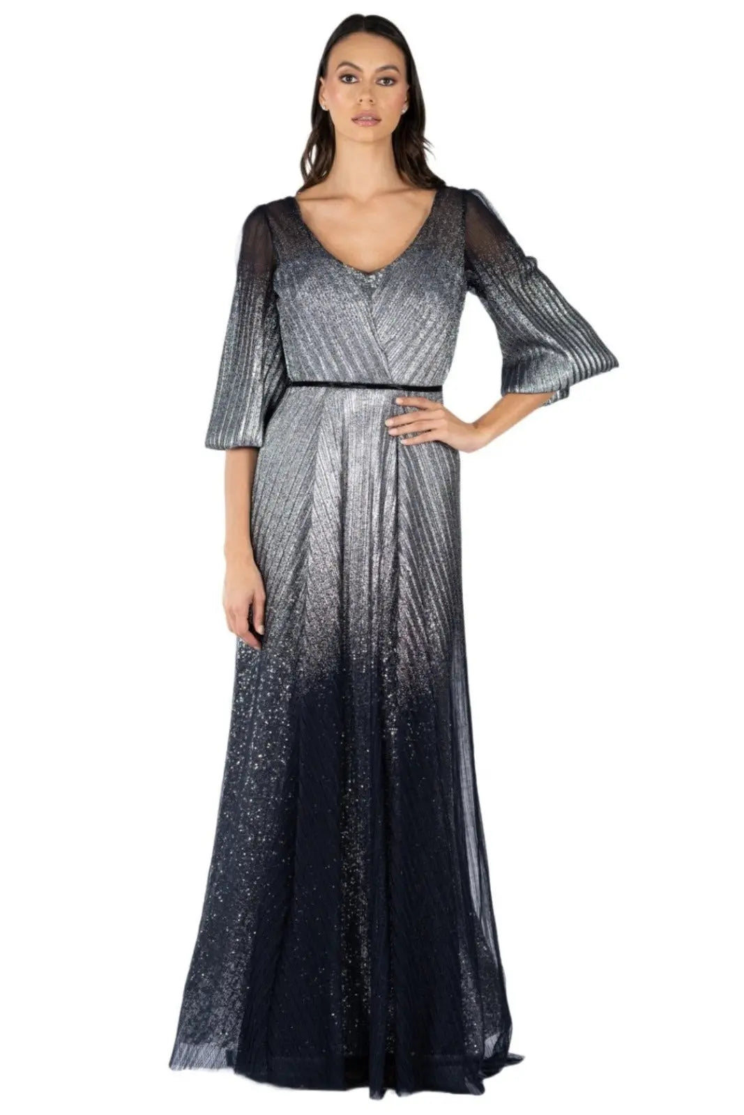 Pleated 3/4 Sleeve Ombre Gown  