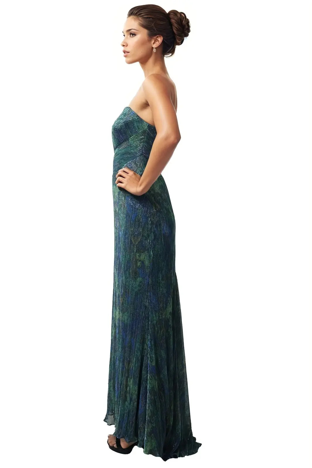 Printed Metallic Strapless Stretch Gown  