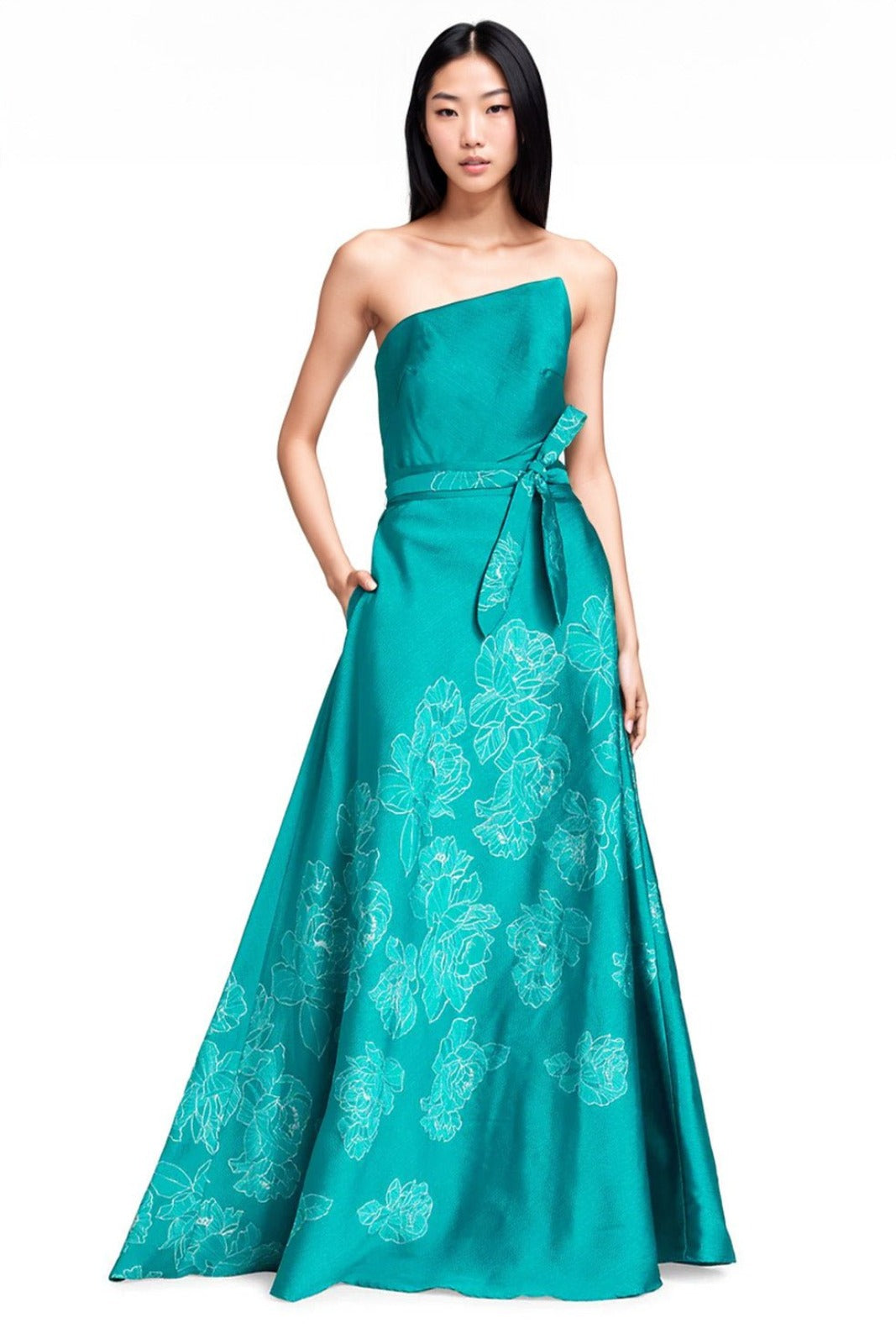 Strapless Floral-Embroidered Gown Teal 