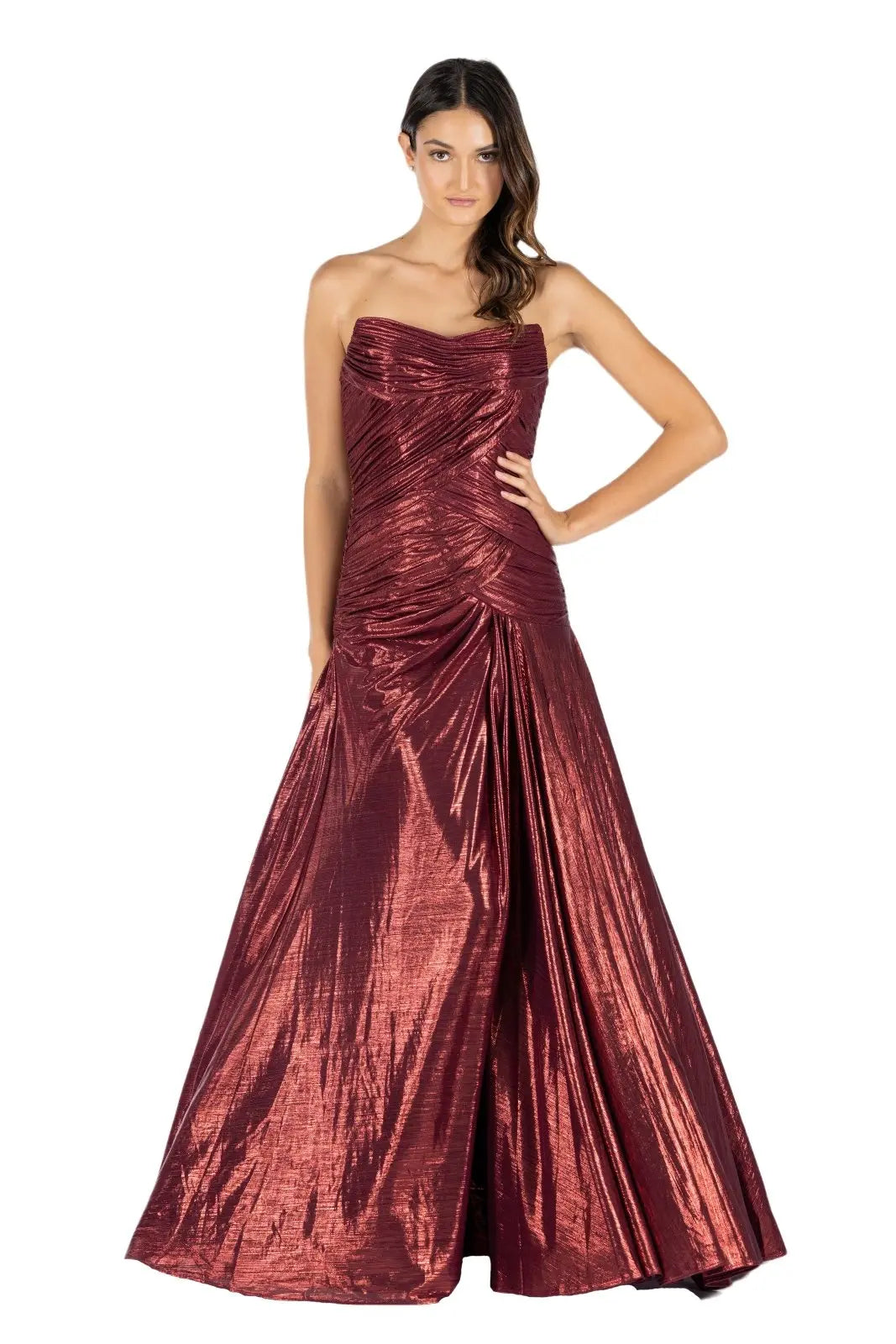 Strapless Hand Draped Metallic Stretch Gown Red 