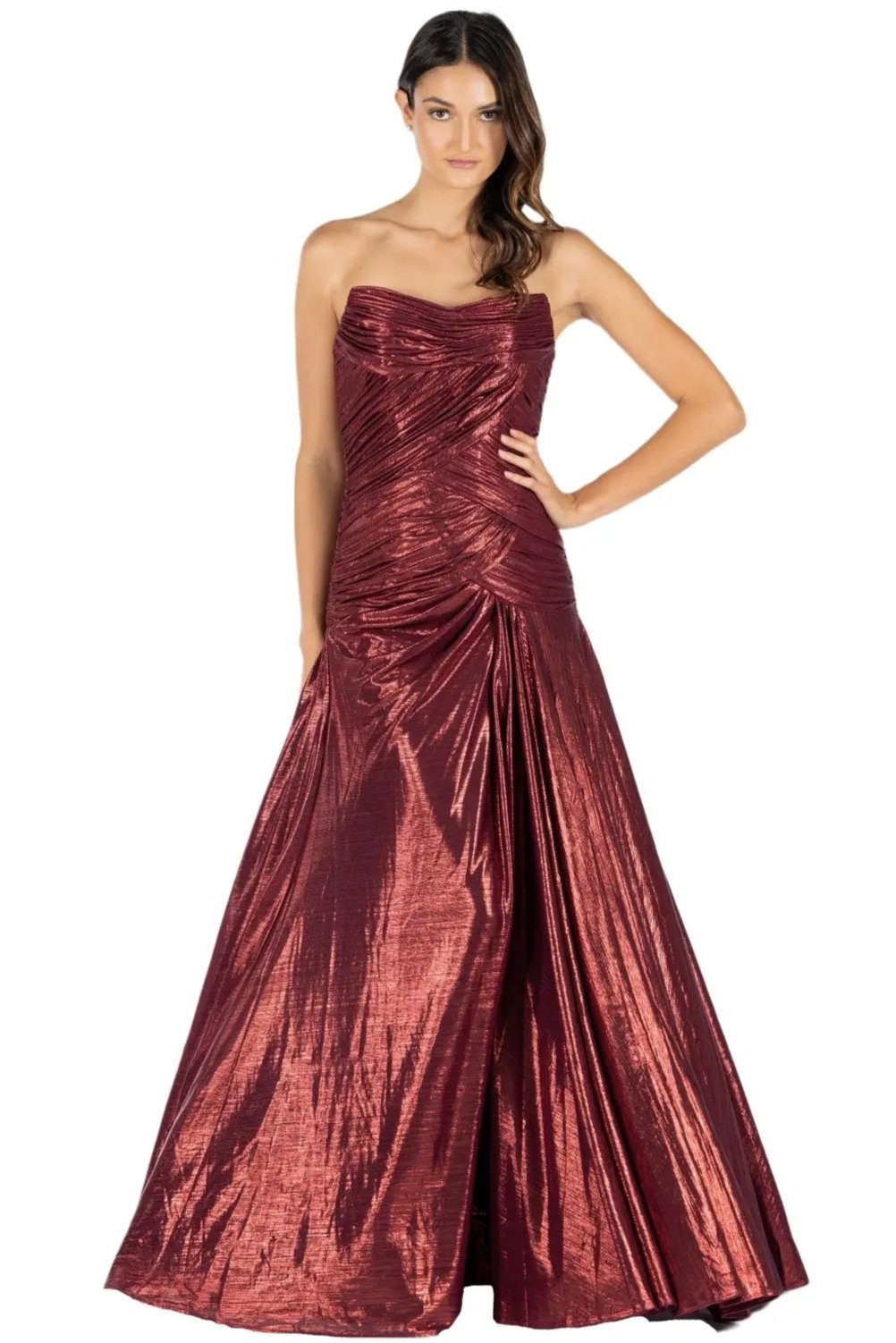 Strapless Hand Draped Metallic Stretch Gown Red 