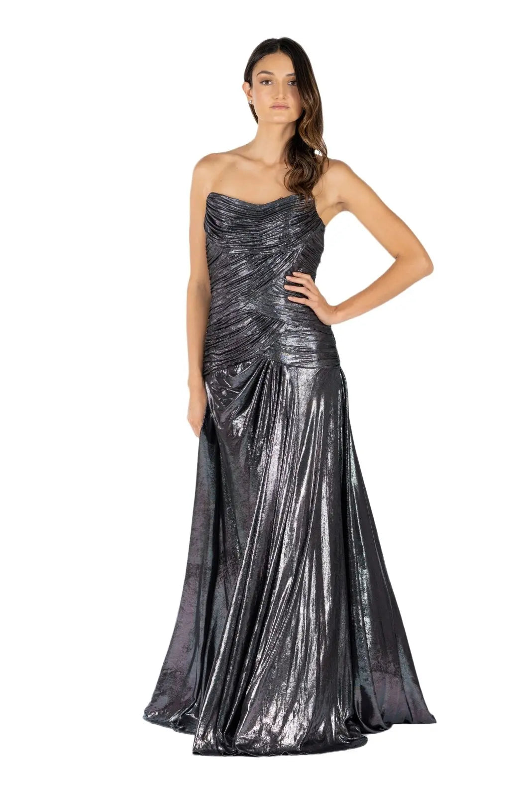 Strapless Hand Draped Metallic Stretch Gown Silver 