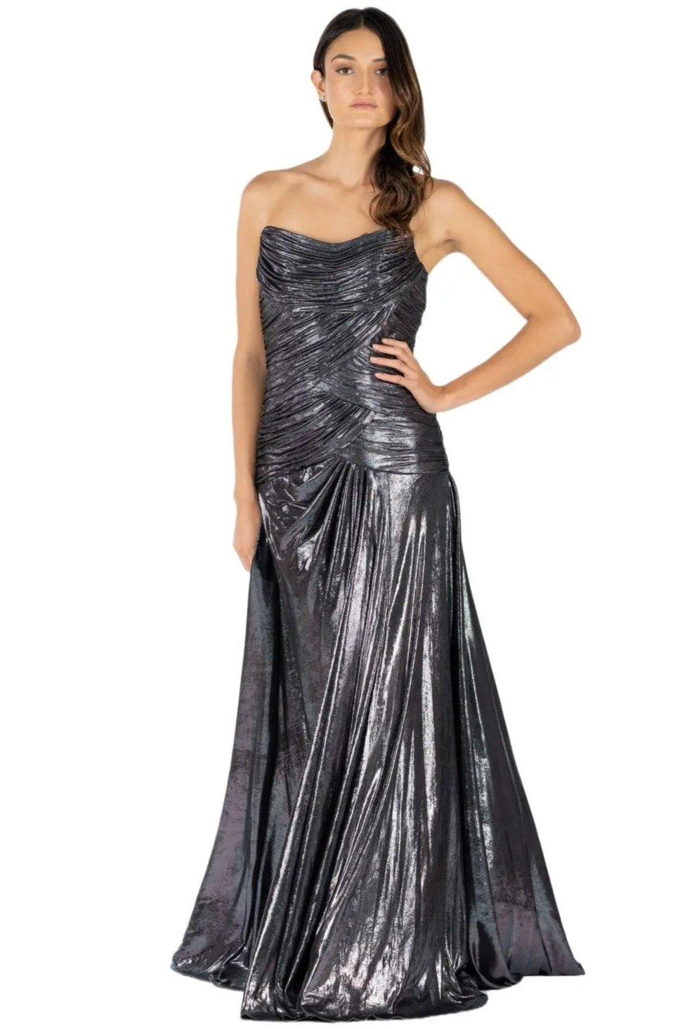 Strapless Hand Draped Metallic Stretch Gown Pewter 