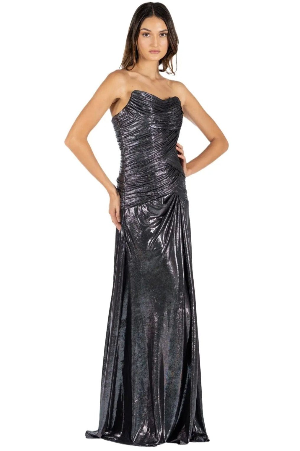 Strapless Hand Draped Metallic Stretch Gown  