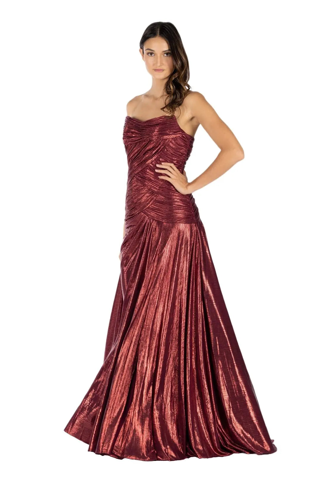 Strapless Hand Draped Metallic Stretch Gown  