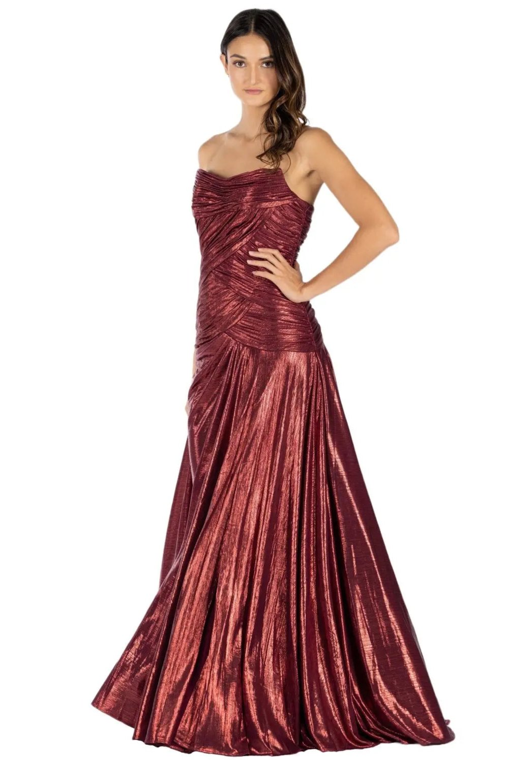 Strapless Hand Draped Metallic Stretch Gown  