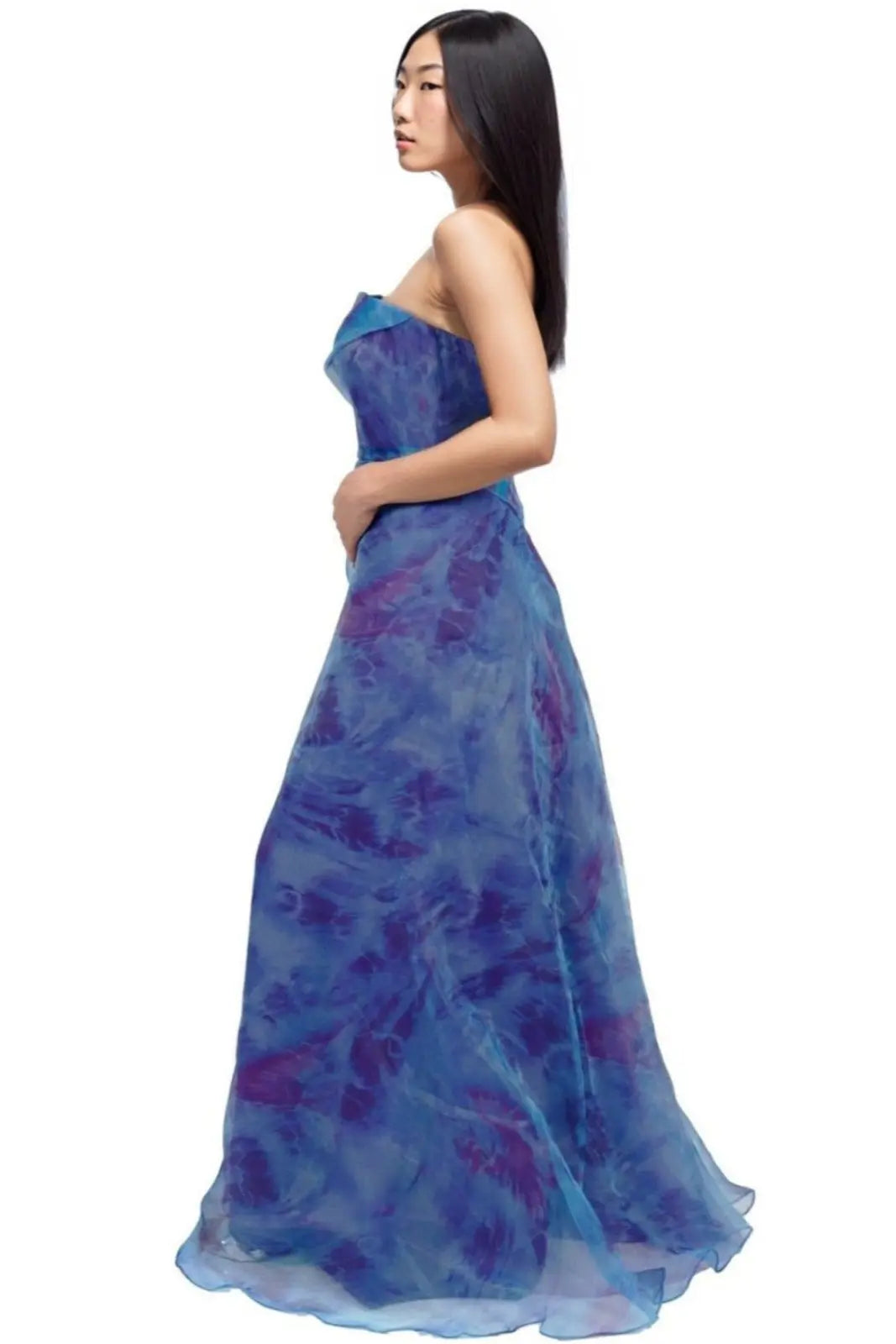 Strapless Hand Draped Printed Organza Gown  