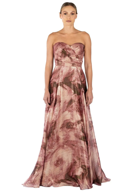 Strapless Hand Draped Printed Organza Gown Metallic Rose 
