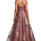 Strapless Metallic Floral Gown  