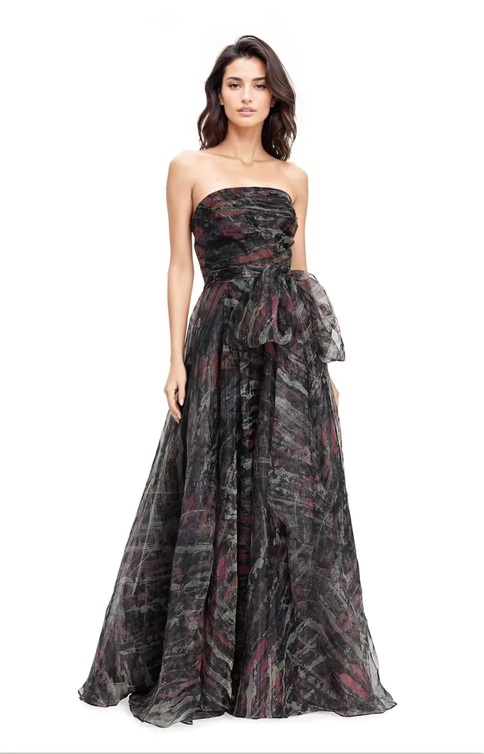 Strapless Organza Print A-Line Gown with Belt Black 