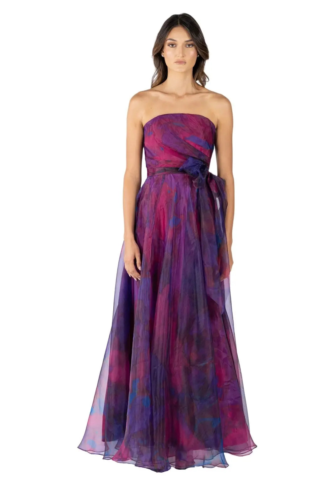 Strapless Organza Print A-Line Gown with Belt Purple 