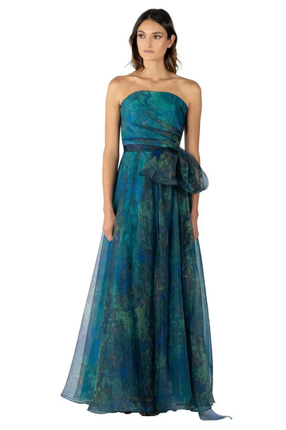 Strapless Organza Print A-Line Gown with Belt Teal 