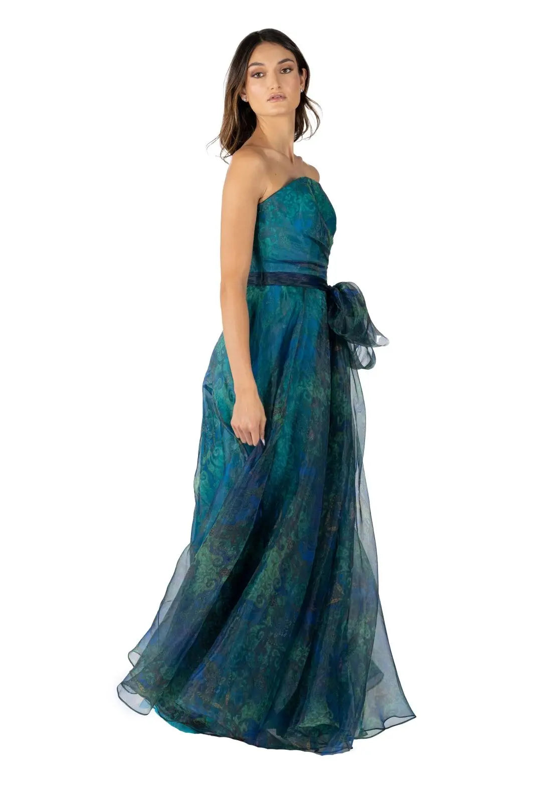 Strapless Organza Print A-Line Gown with Belt  