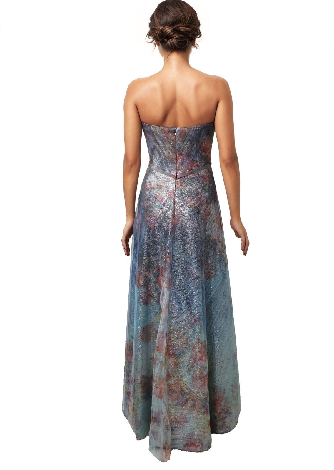 Strapless Printed Floral Tulle Gown  