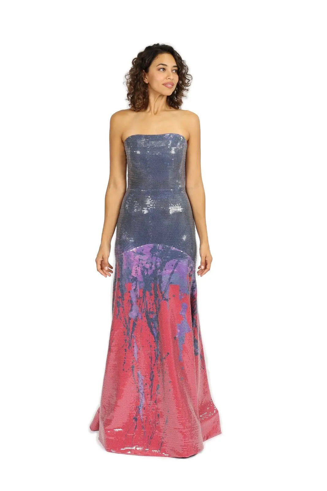 Strapless Printed Sequin Gown Blue Multi RR2021C