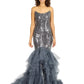 Strapless Printed Sequin Gown with Ruffle Hem  