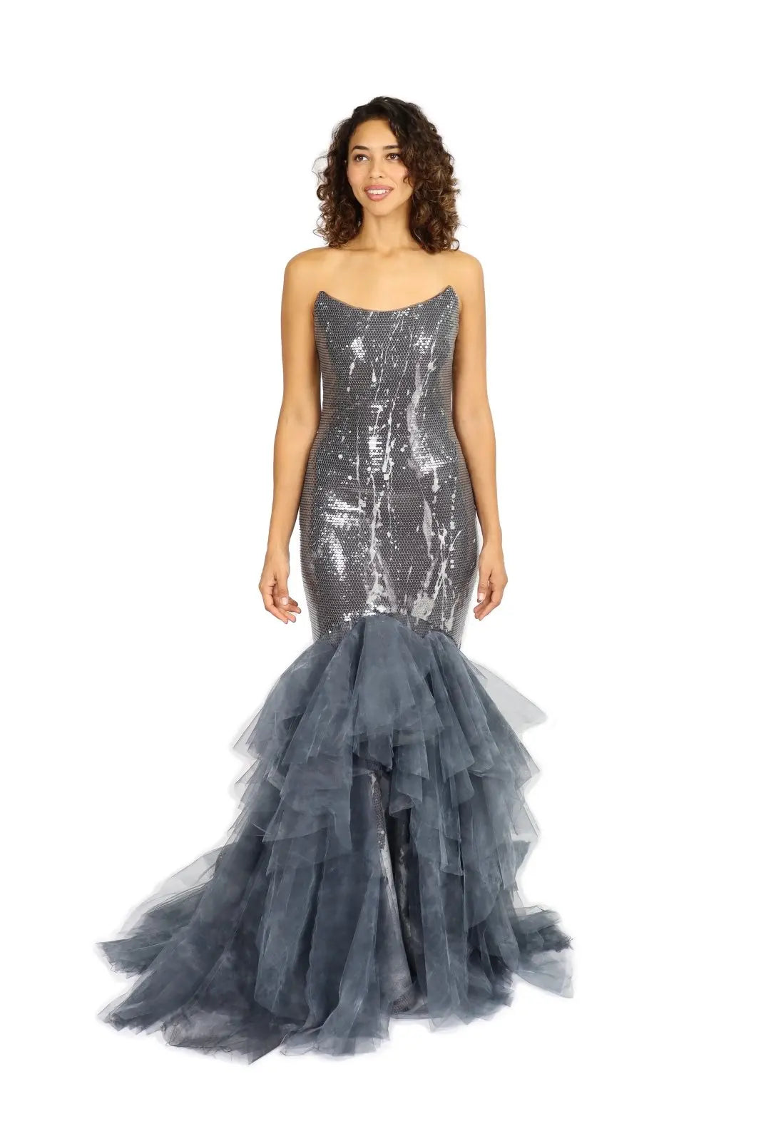Strapless Printed Sequin Gown with Ruffle Hem  