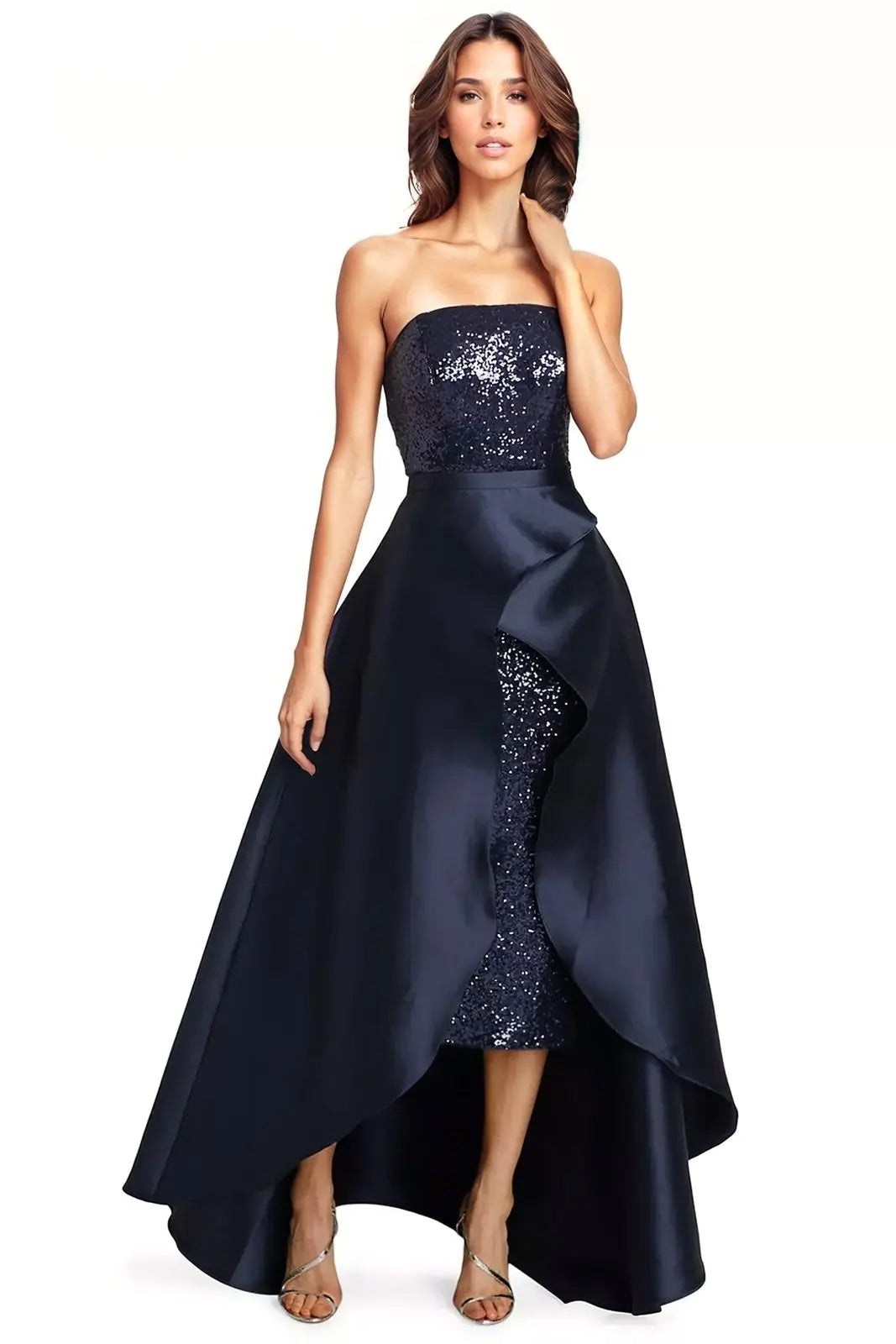 Strapless Sequin Midi With High-Low Removable Skirt  