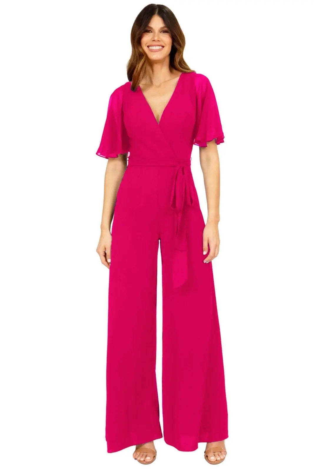 V-Neck Jumpsuit with Sleeve Deep Pink 